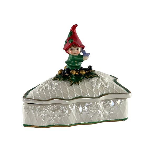 Vintage Hand Painted Cracker Barrel Christmas Tree Candy Trinket Dish With Pixie - Picture 1 of 16